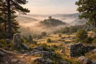 Granite castle ruin glimpsed through morning mist from a sloping path in Margeride, boundary stones and wild grass in the foreground, village silhouette partially visible, soft dawn light, no people