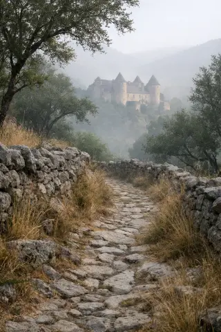 Ancient cobbled path bordered by dry grass and low stone walls, misty morning, distant Lozère château barely visible amid trees and hills
