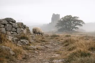 Ruined stone wall and tower partially hidden by autumn mist, sheep grazing nearby on a quiet Lozère plateau with dry grass and oak trees.
