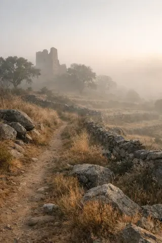 Ruined medieval tower partially visible through morning mist, seen from a rural path bordered by dry grass and stone walls, with soft sunlight and a tranquil atmosphere in the Lozère countryside.
