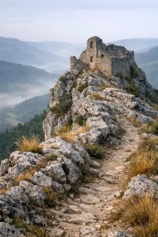 Ruined stone castle remains fused to a narrow rocky spine, overlooking a misty Lozère valley at dawn with muted spring colors and no people