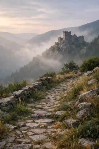 Ruins of a medieval castle on a granite outcrop seen across a misty valley, with an old cobbled path and overgrown terraces in the foreground, captured at dawn in soft natural light.