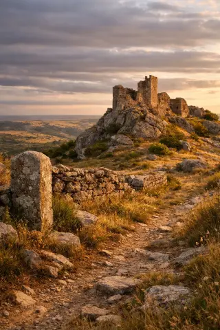Ruined castle on a granite outcrop viewed from a walking path, with a boundary stone, field wall traces, and sunlit Lozère plateau in the distance under layered clouds.