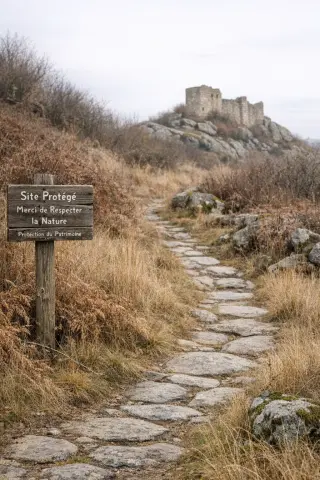 Stone path through autumn grasses leading toward a partially hidden castle ruin atop a rocky crest, a lone sign about site preservation, no people, muted afternoon light.