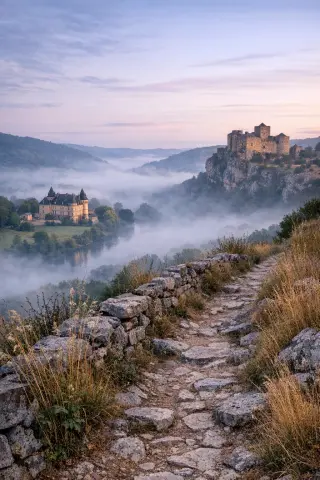 Misty dawn landscape over a Lot valley footpath showing two distant contrasting châteaux, one in the river plain with Renaissance features, one atop a rocky Causse, against subdued natural light.