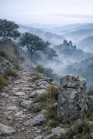 Mist-draped Cévennes hillsides with a lichen-covered stone marker on a path, glimpses of ruined castle walls in the distance, and soft, diffused morning light.