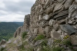 Weathered stone castle wall with local stones on a sloped hill, forested ridge in background, under overcast morning light, no people present.