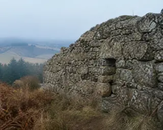 Fragment of a thick, mossy stone wall with a narrow arrow slit, seen on a misty morning among dry grass and bracken, with Margeride hills and forests fading into the background.