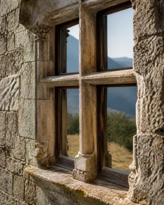 Detail of a weathered mullioned stone window in an ancient Lozère castle, with carved stone and soft afternoon light, overlooking a hazy mountain landscape.