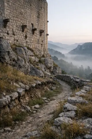 Old castle wall with defensive features on a rocky outcrop, wild grass and a worn footpath alongside a shallow trench, morning mist in the valley below