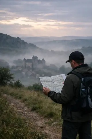Person studying a map on a rural path overlooking a distant château and misty village among hills at dusk